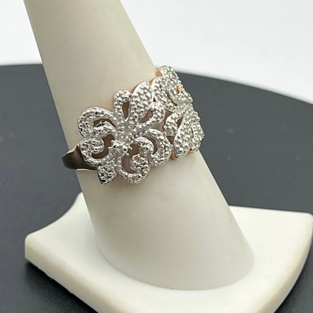 D'Joy Sterling Silver Rose Gold Fleur-de-Lis Diamond Accent Flower Ring Size 8.5